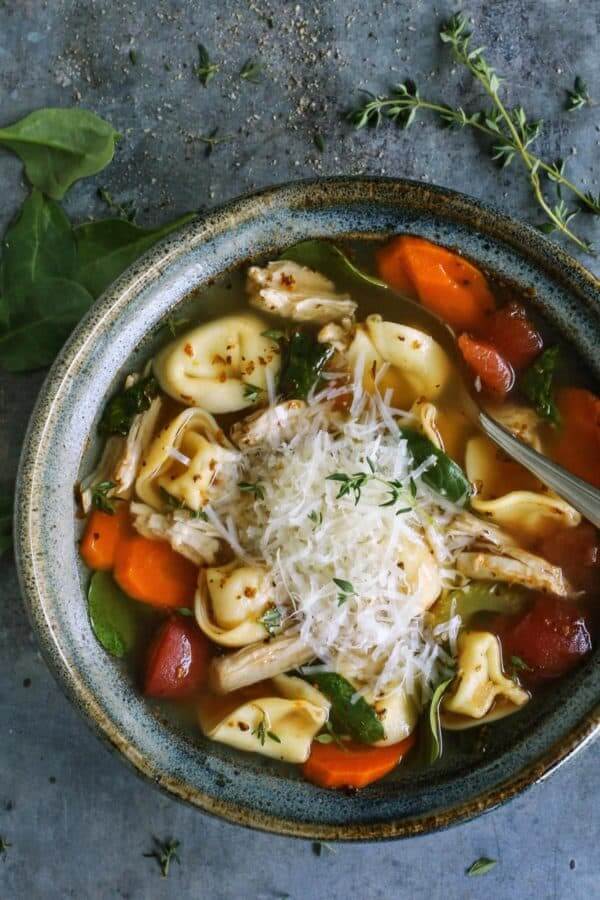 bowl full of turkey leftovers tortellini soup