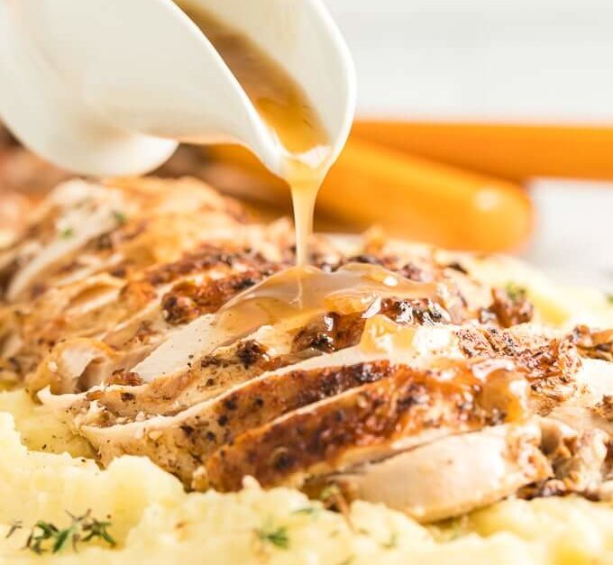 gravy poured over instant pot turkey breast