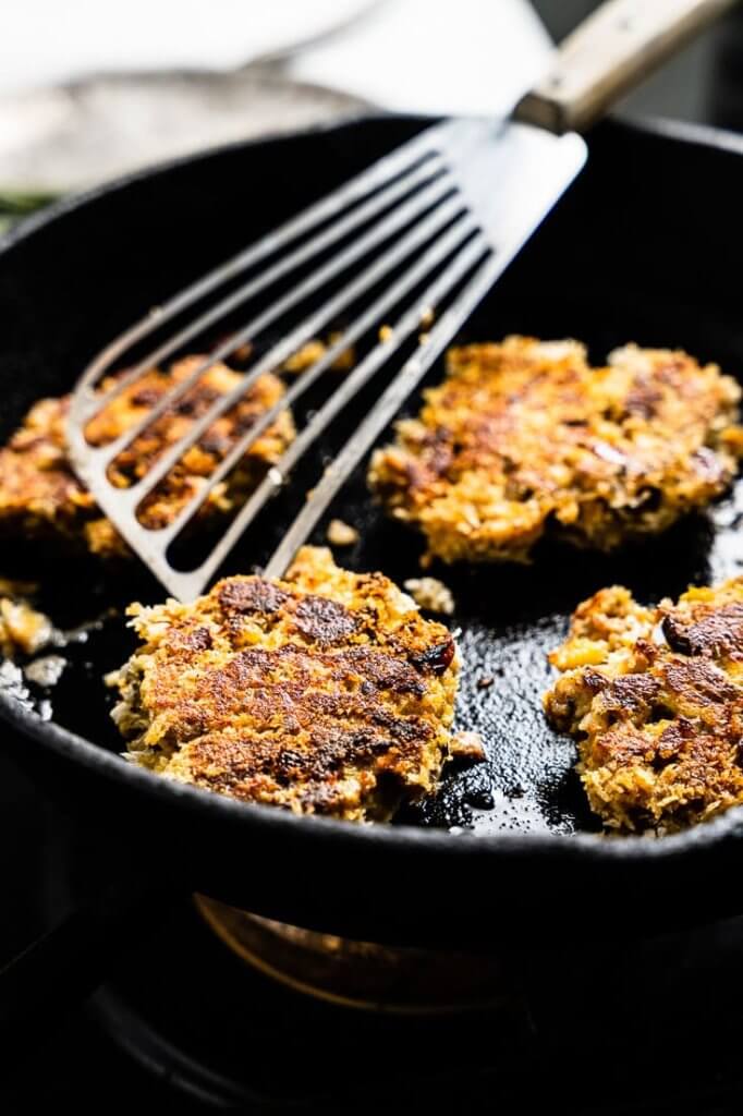 leftover stuffing cakes frying in skillet